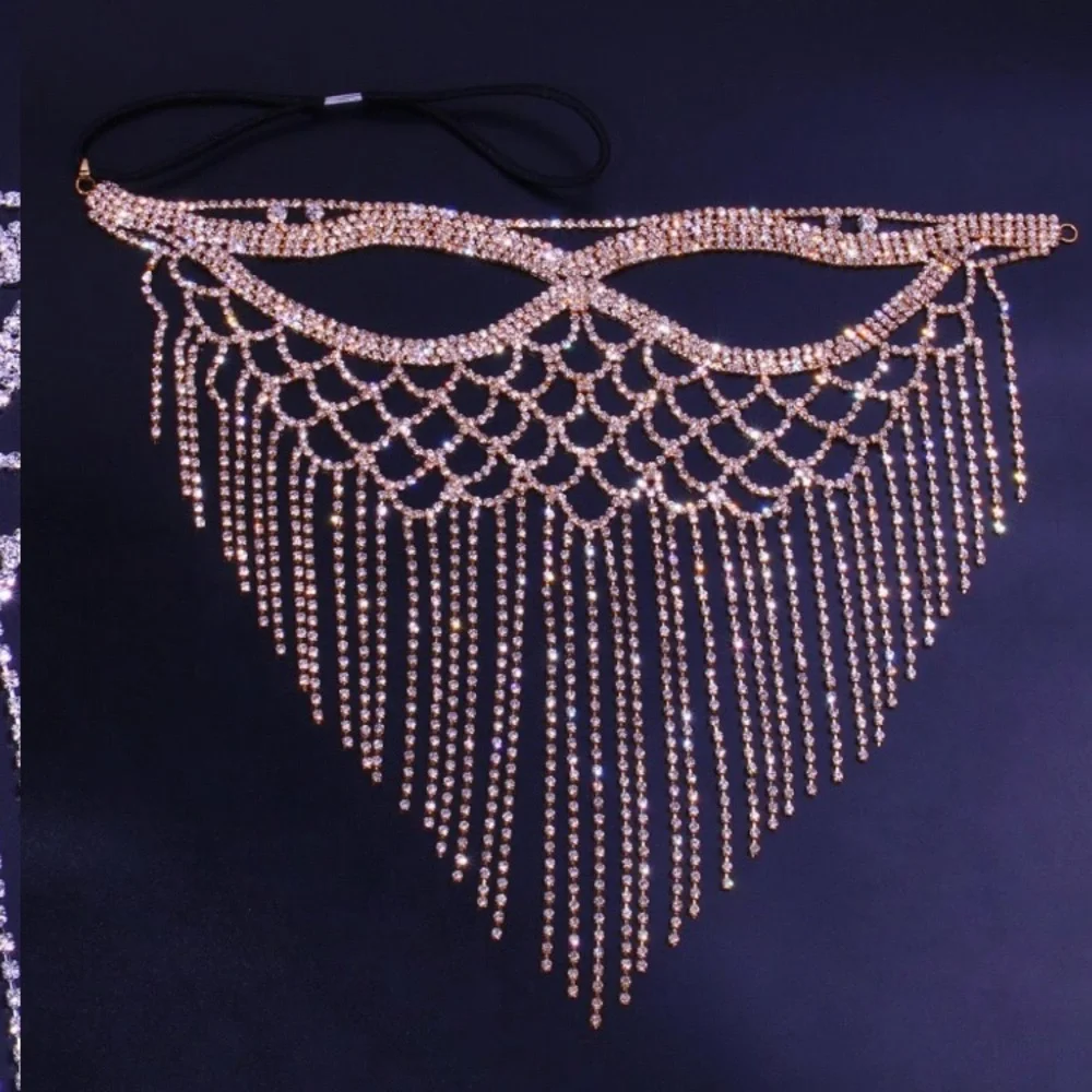 Crystal Tassel Face Mask Halloween Masquerade Mask for Women Jewelry Rhinestone